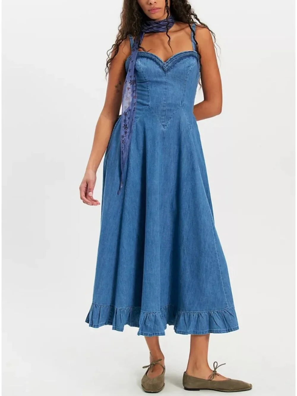 FP Movement Free People Another Season Denim Midi Dress Ruffle Fit & Flare S NWT